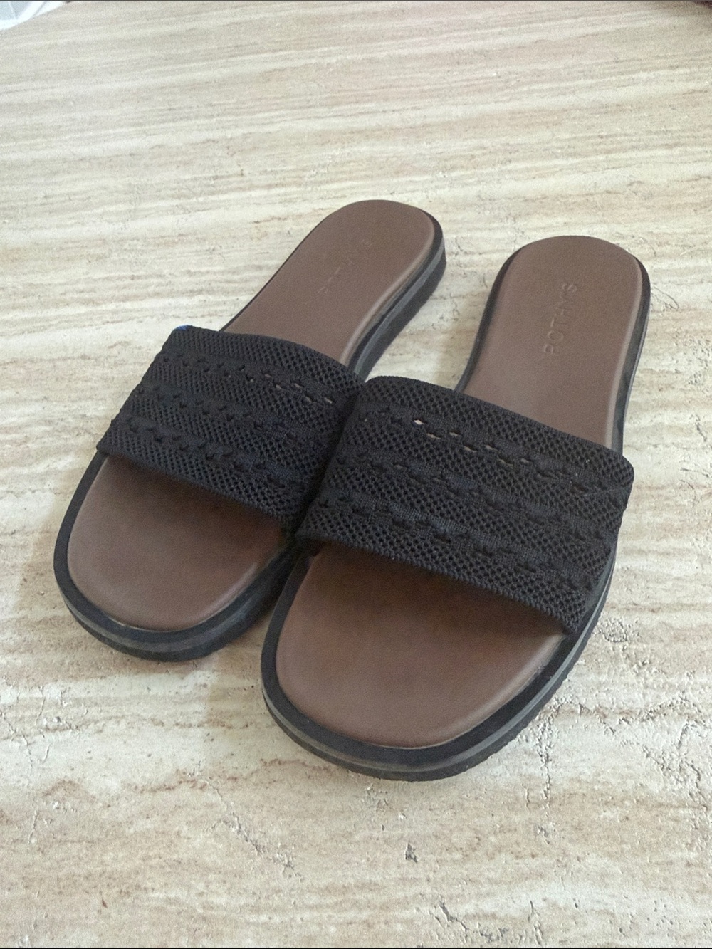 Rothy's Black Knit Slide Sandals with Brown Footbed
